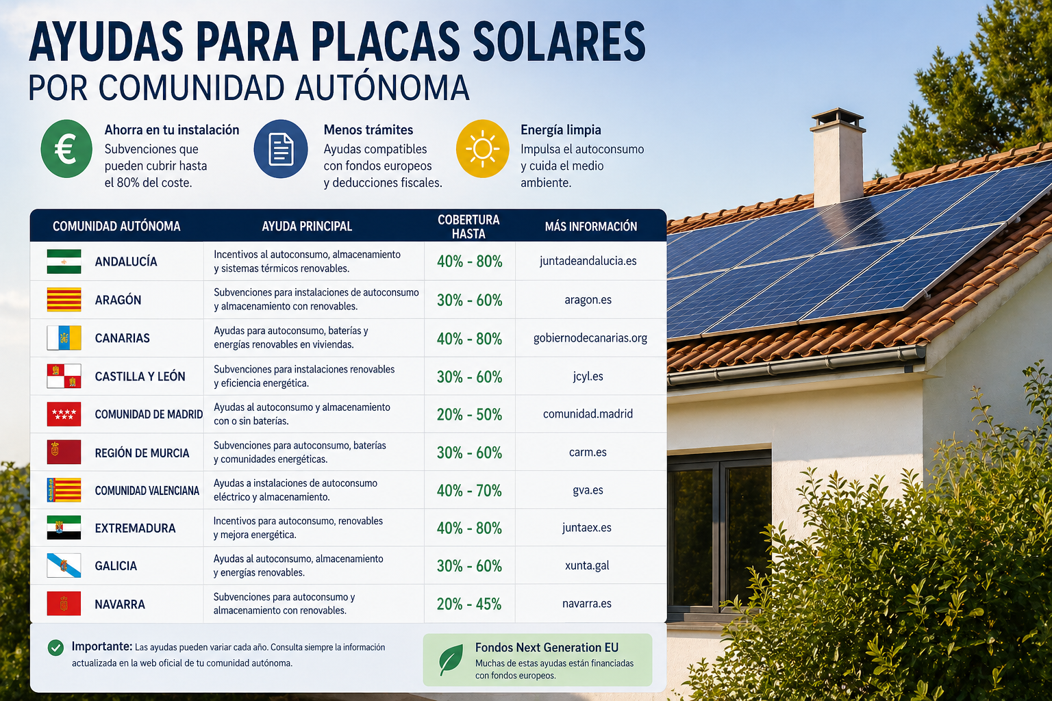 Ayudas para placas solares por comunidad autónoma